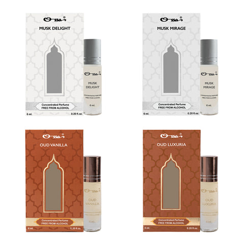 OSSA MUSK DELIGHT & MIRAGE, OUD VANILLA & LUXURIA CONCENTRATED PERFUMES (PACK OF 4)