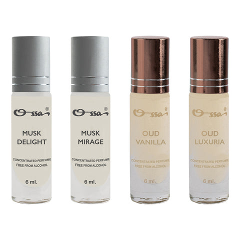 OSSA MUSK DELIGHT & MIRAGE, OUD VANILLA & LUXURIA CONCENTRATED PERFUMES (PACK OF 4)