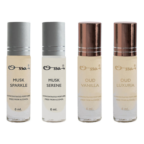 OSSA MUSK SPARKLE & SERENE, OUD VANILLA & LUXURIA CONCENTRATED PERFUMES (PACK OF 4)