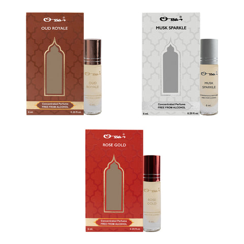 OSSA OUD ROYALE, MUSK SPARKLE, ROSE GOLD CONCENTRATED PERFUMES (PACK OF 3)