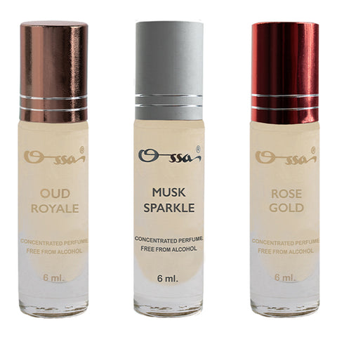 OSSA OUD ROYALE, MUSK SPARKLE, ROSE GOLD CONCENTRATED PERFUMES (PACK OF 3)