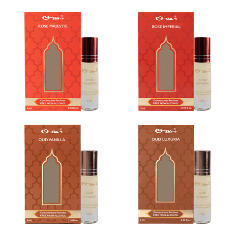 OSSA ROSE MAJESTIC & IMPERIAL, OUD VANILLA & LUXURIA CONCENTRATED PERFUMES (PACK OF 4)