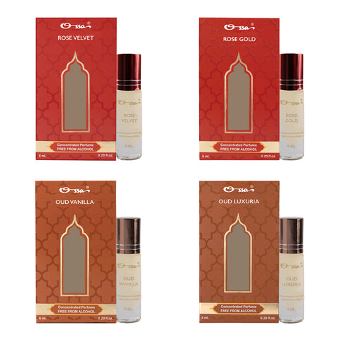 OSSA ROSE VELVET & GOLD, OUD VANILLA & LUXURIA CONCENTRATED PERFUMES (PACK OF 4)