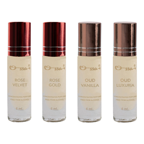 OSSA ROSE VELVET & GOLD, OUD VANILLA & LUXURIA CONCENTRATED PERFUMES (PACK OF 4)