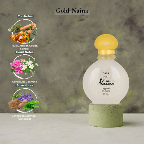 Ossa Gold Naina Apparel Perfume 30ml | Unisex Fragrance Featuring Lush Musky & Ambery Notes | Long-Lasting Scent for Men & Women | Perfect for All-Day Confidence and Freshness for Every Occasion