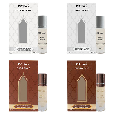 OSSA MUSK DELIGHT & MIRAGE, OUD ROYALE & INCENSE CONCENTRATED PERFUMES (PACK OF 4)