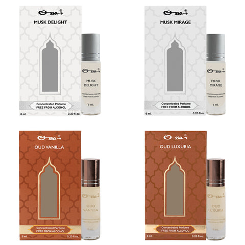 OSSA MUSK DELIGHT & MIRAGE, OUD VANILLA & LUXURIA CONCENTRATED PERFUMES (PACK OF 4)