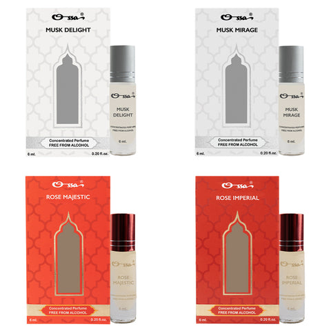 OSSA MUSK DELIGHT & MIRAGE, ROSE MAJESTIC & IMPERIAL CONCENTRATED PERFUMES (PACK OF 4)