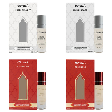 OSSA MUSK DELIGHT & MIRAGE, ROSE VELVET & GOLD CONCENTRATED PERFUMES (PACK OF 4)