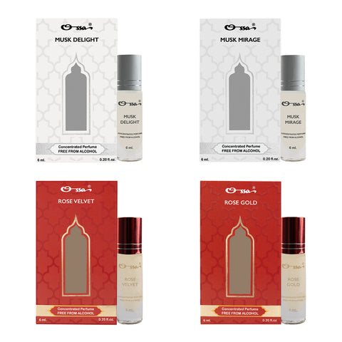 OSSA MUSK DELIGHT & MIRAGE, ROSE VELVET & GOLD CONCENTRATED PERFUMES (PACK OF 4)