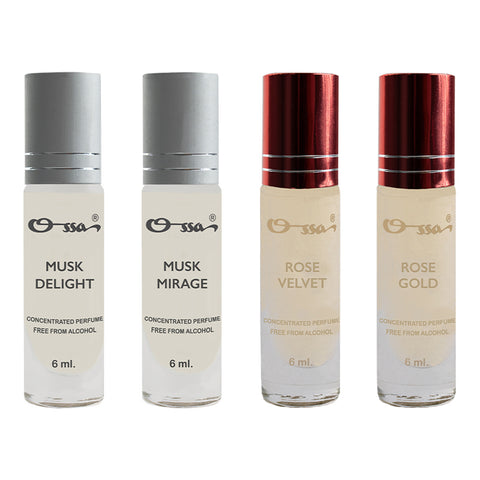 OSSA MUSK DELIGHT & MIRAGE, ROSE VELVET & GOLD CONCENTRATED PERFUMES (PACK OF 4)