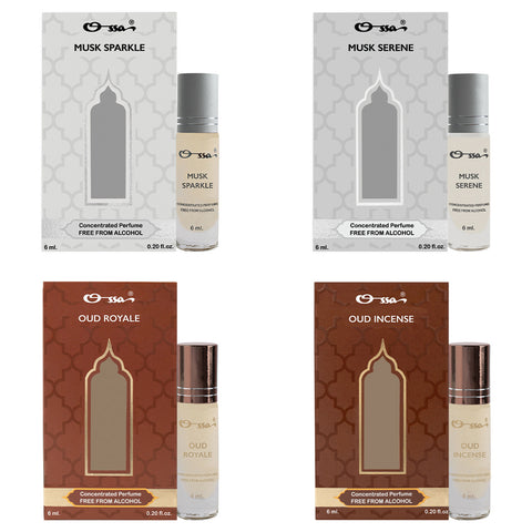 OSSA MUSK SPARKLE & SERENE, OUD ROYALE & INCENSE CONCENTRATED PERFUMES (PACK OF 4)