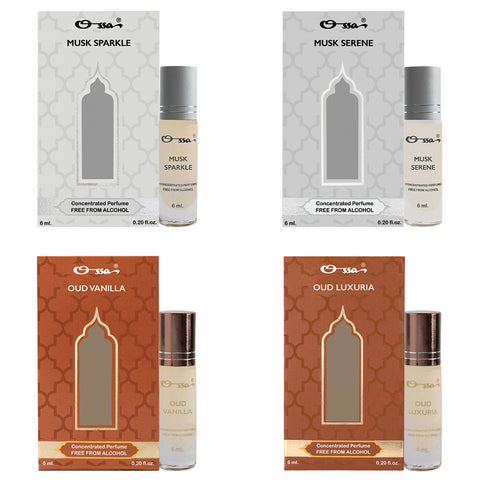 OSSA MUSK SPARKLE & SERENE, OUD VANILLA & LUXURIA CONCENTRATED PERFUMES (PACK OF 4)