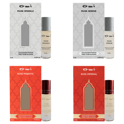 OSSA MUSK SERENE & SPARKLE, ROSE MAJESTIC & IMPERIAL CONCENTRATED PERFUMES (PACK OF 4)