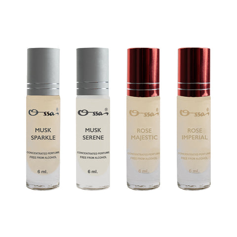 OSSA MUSK SERENE & SPARKLE, ROSE MAJESTIC & IMPERIAL CONCENTRATED PERFUMES (PACK OF 4)