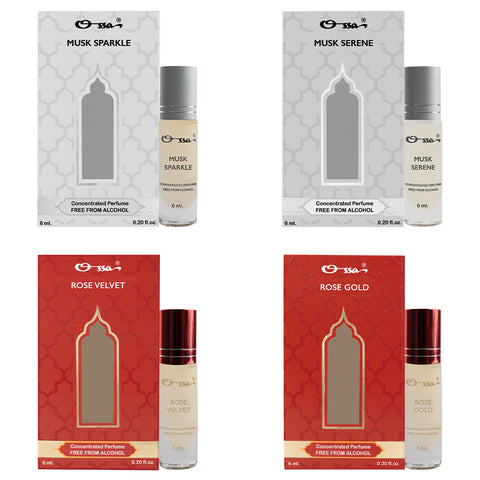 OSSA MUSK SPARKLE & SERENE, ROSE VELVET & GOLD CONCENTRATED PERFUMES (PACK OF 4)