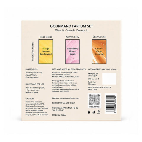 OSSA Gourmand Parfum Miniature Set for Men & Women, 30ML (3 x 10ML) | Mango, Berry & Caramel Fragrances | Long Lasting Unisex Perfume Gift Set | Premium Travel Size Parfum Collection