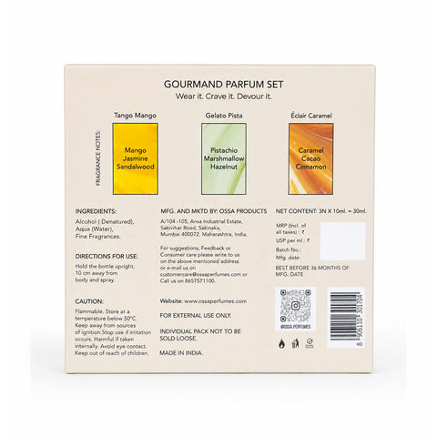 OSSA Gourmand Parfum Miniature Set for Men & Women, 30ML (3 x 10ML) | Mango, Pista & Caramel Fragrances | Long Lasting Unisex Perfume Gift Set | Premium Travel Size Parfum Collection