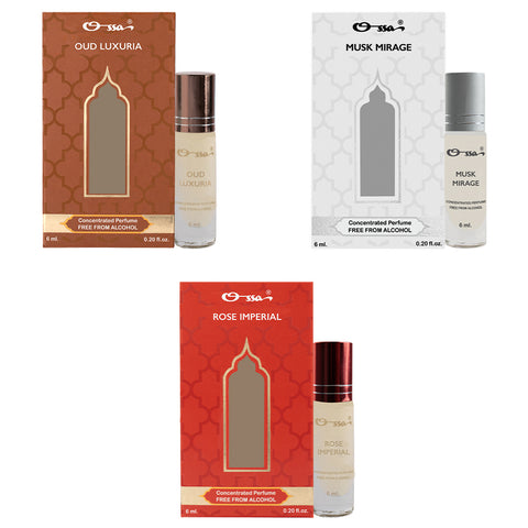 OSSA OUD LUXURIA, MUSK MIRAGE, ROSE IMPERIAL CONCENTRATED PERFUMES (PACK OF 3)