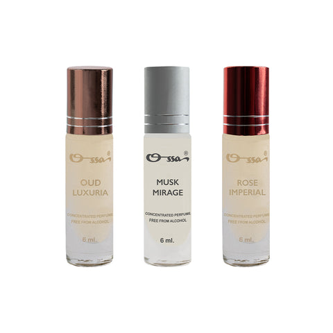 OSSA OUD LUXURIA, MUSK MIRAGE, ROSE IMPERIAL CONCENTRATED PERFUMES (PACK OF 3)