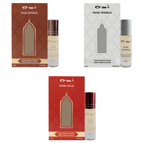 OSSA OUD ROYALE, MUSK SPARKLE, ROSE GOLD CONCENTRATED PERFUMES (PACK OF 3)