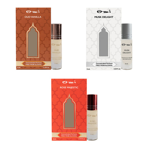 OSSA OUD VANILLA, MUSK DELIGHT, ROSE MAJESTIC CONCENTRATED PERFUMES (PACK OF 3)