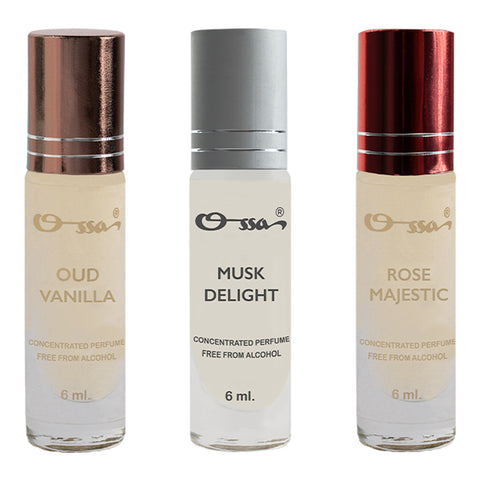 OSSA OUD VANILLA, MUSK DELIGHT, ROSE MAJESTIC CONCENTRATED PERFUMES (PACK OF 3)