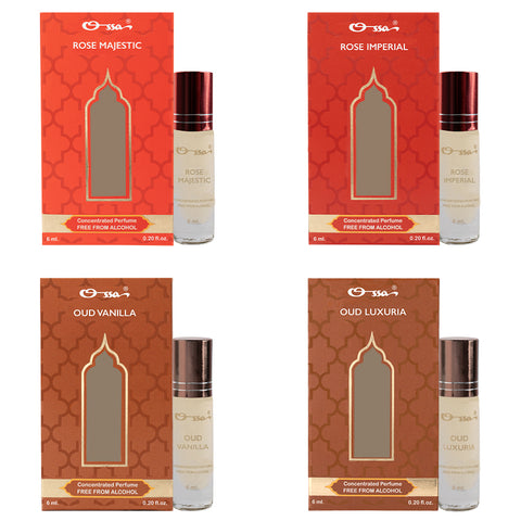 OSSA ROSE MAJESTIC & IMPERIAL, OUD VANILLA & LUXURIA CONCENTRATED PERFUMES (PACK OF 4)