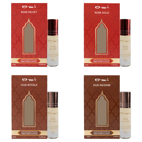 OSSA ROSE VELVET & GOLD, OUD ROYALE & INCENSE CONCENTRATED PERFUMES (PACK OF 4)