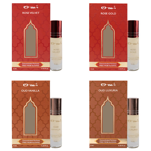 OSSA ROSE VELVET & GOLD, OUD VANILLA & LUXURIA CONCENTRATED PERFUMES (PACK OF 4)