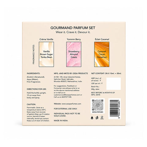 OSSA Gourmand Parfum Miniature Set for Men & Women, 30ML (3 x 10ML) | Vanilla, Berry & Caramel Fragrances | Long Lasting Unisex Perfume Gift Set | Premium Travel Size Parfum Collection