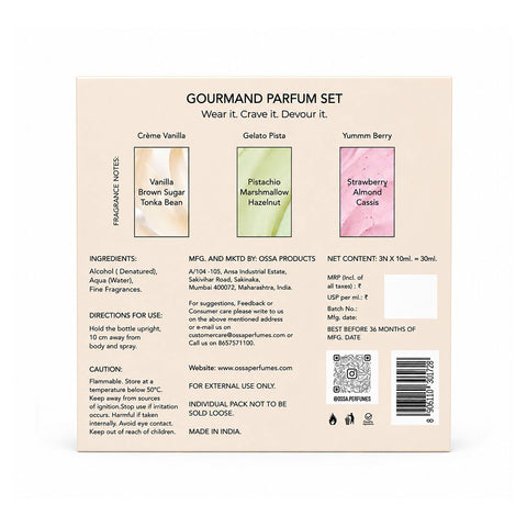 OSSA Gourmand Parfum Miniature Set for Men & Women, 30ML (3 x 10ML) | Vanilla, Pista & Berry Fragrances | Long Lasting Unisex Perfume Gift Set | Premium Travel Size Parfum Collection