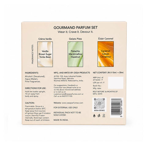 OSSA Gourmand Parfum Miniature Set for Men & Women, 30ML (3 x 10ML) | Vanilla, Pista & Caramel Fragrances | Long Lasting Unisex Perfume Gift Set | Premium Travel Size Parfum Collection